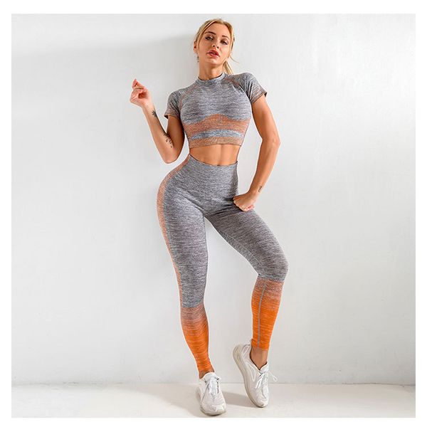 

womens seamless yoga suits new knitted short-sleeved hip lift elastic fitness sports yoga suits two piece sets tracksuit summer new