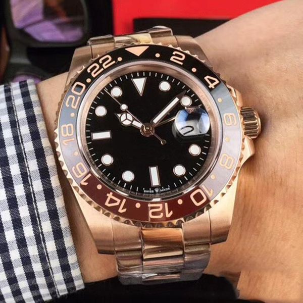 

new model gmt ii cerachrom black - brown bezel 40mm sweep wirstwatch automatic movment rose gold stainless steel men watch watches, Slivery;brown