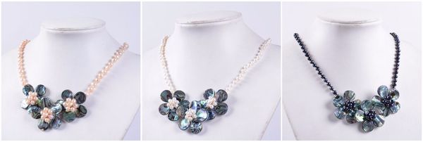 

3 choices new 37mm abalone shell white pearl flower beaded necklace 18, Silver