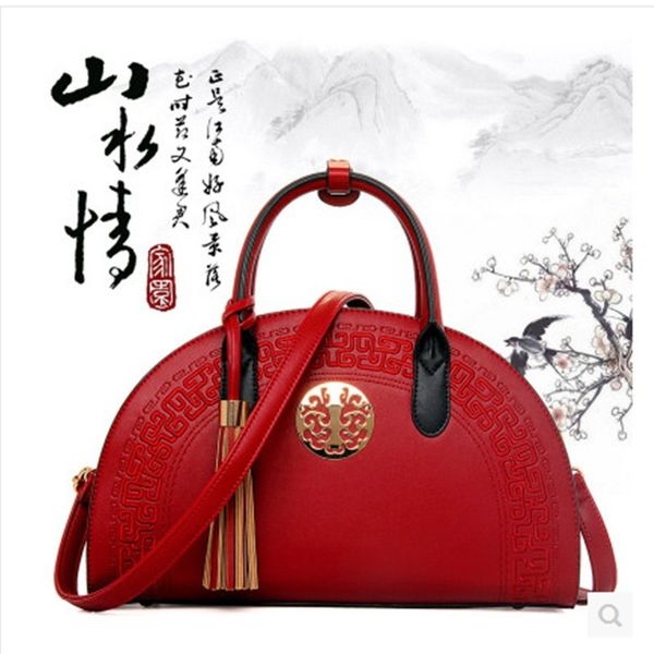 

2019 new classic national style chinese red lady carrying wedding bridal bag fringe shell bag handbags