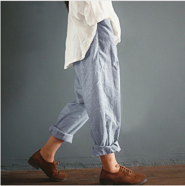 

2019 women high waist casual wide leg pants woman elastic long stripe loose pants ladies girl casual trousers female clothes, Black;white