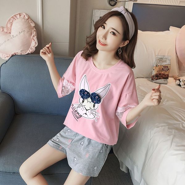 

2019 summer cotton pajamas sets for women short sleeve sleepwear girls cute cartoon shorts pyjamas homewear pijama mujer clothes, Blue;gray