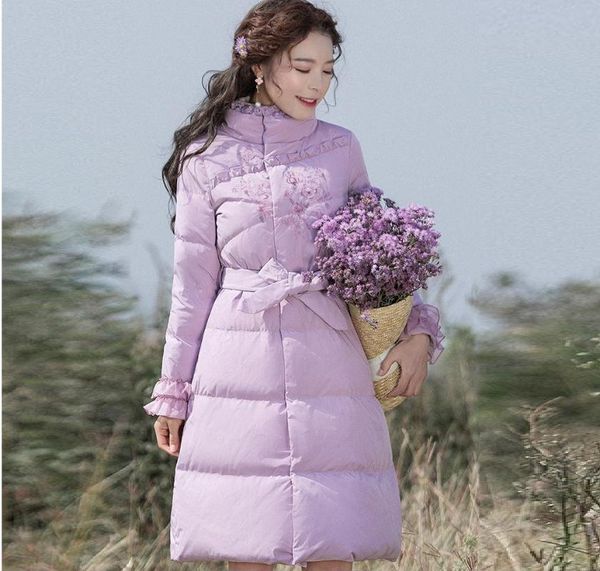 

slim waist medium-long winter women parkas flower embroidery purple warm students outwear female white duck down jackets s-xxxl, Black
