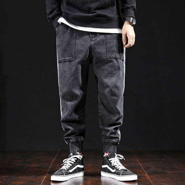 

2019 autumn new jeans stitching large size japanese loose thick cotton casual harlan beam foot male streetwear striped black, Blue