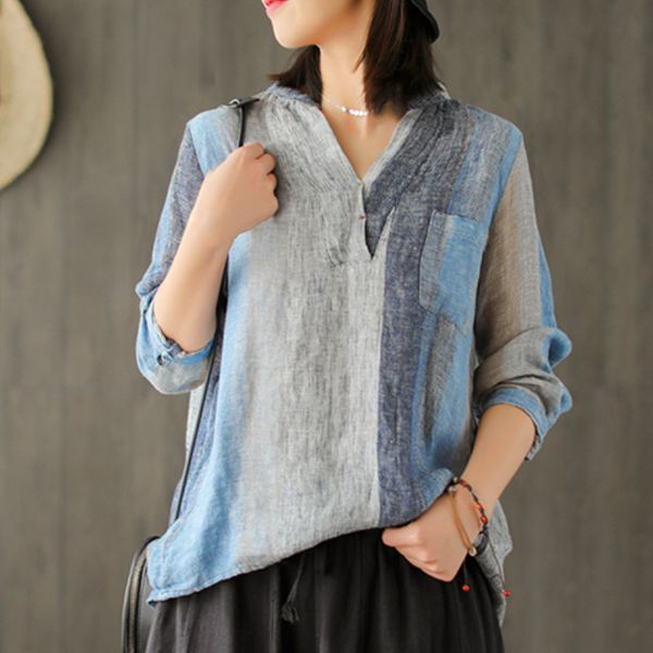 

johnature 2019 casual fashion new linen v-neck long sleeve shirt plus size cotton pockets spring summer women shirt, White
