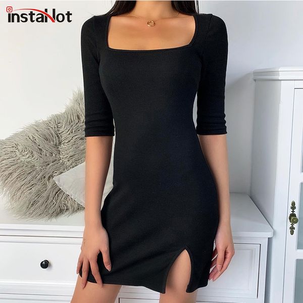 

instablack elegant half sleeve dress women split hem casual bodycon summer square collar mini dress female party dresses, Black;gray