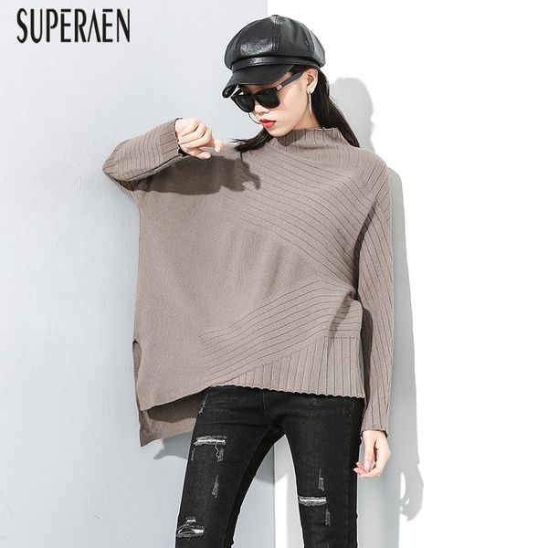 

superaen europe 2019 winter new women pullover solid color sweater europe wild casual ladies sweaters fashion knit female, White;black
