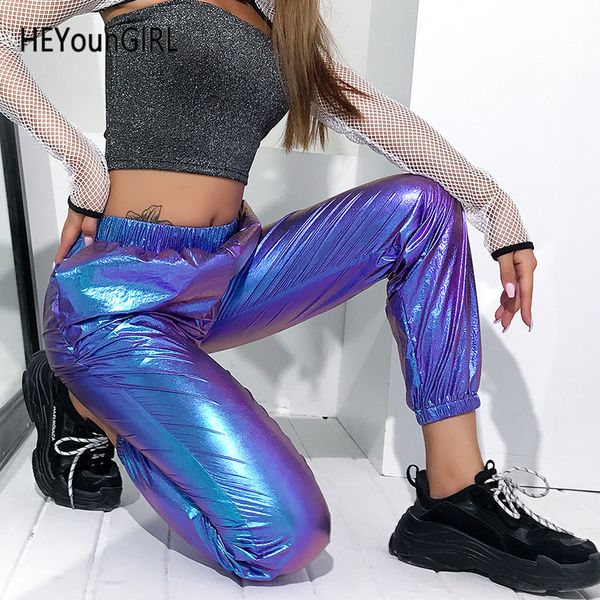 

heyoungirl laser reflection harajuku sweatpants women joggers casual high waist pants capris hip hop holographic ladies trousers, Black;white