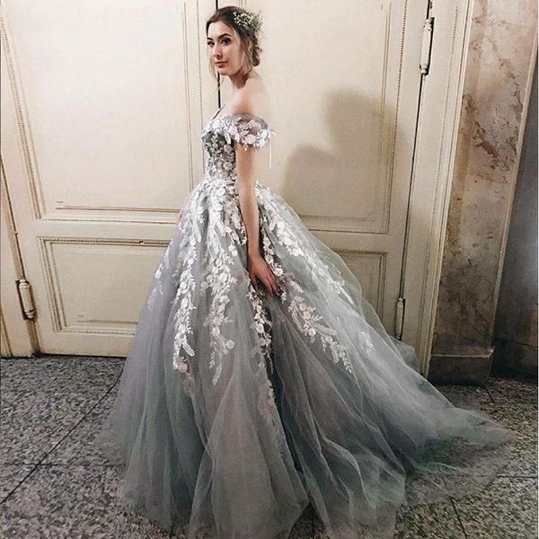 

grey and white lace wedding dress ball gown off shoulder cap sleeve corset back princess vintage 2020 castle wedding bridal gowns