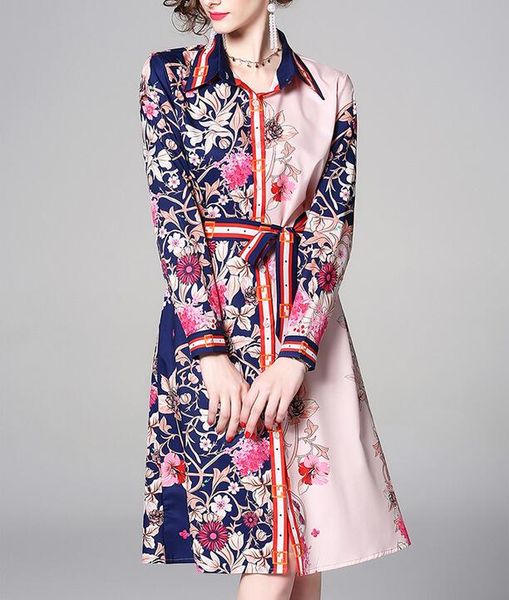 

pink flora printed long sleeve shirt dresses with single breasted lapel neck 2019 street style dresses knee-length skirts with waistband, Black;pink