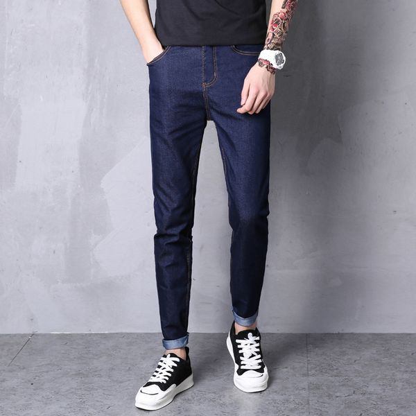 

left rom 2019 spring summer new fashion men casual stretch skinny jeans slim fit trousers tight pants solid colors pencil 28-38, Blue