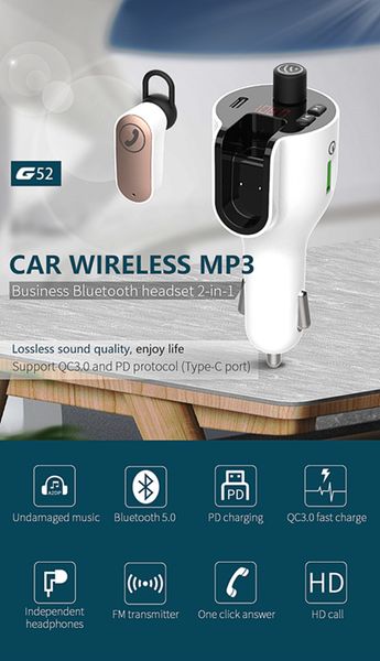 2 1 Bluetooth Sürücü Hızlı Şarj QC 3.0 ile Kulaklık FM Verici Radyo Alıcısı MP3 Çalar Ses Adaptörü Araç Kiti