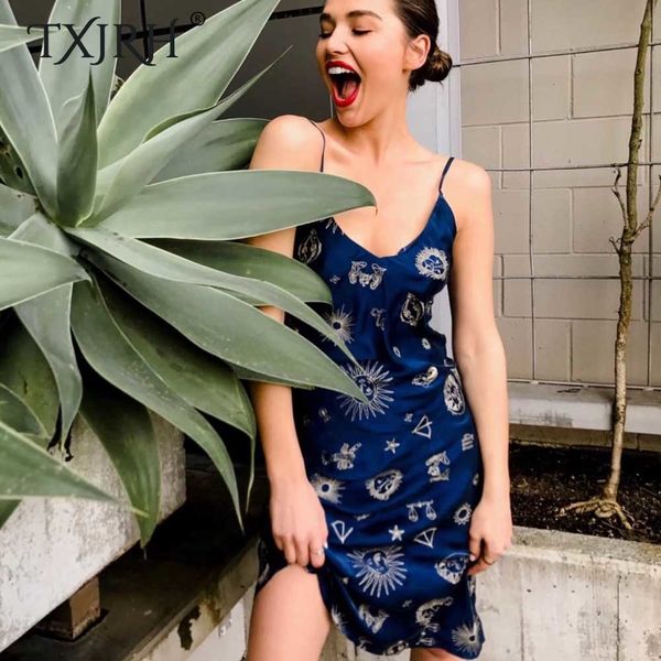 

txjrh sun constellation print deep v-neck imitation satin package hip spaghetti straps backless beach mini dress vestidos, Black;gray