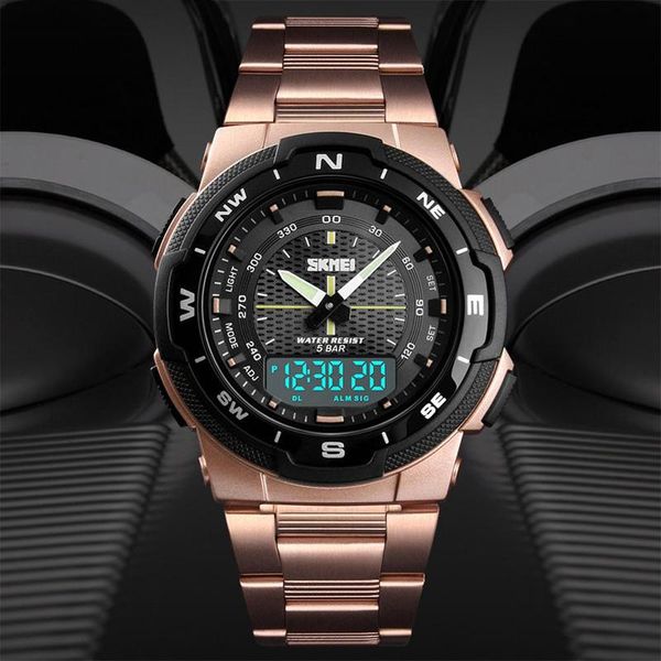 

southeast asia explosion student outdoor sport rose gold steel watch dual display 50m waterproof men led fitness digital watches, Slivery;brown