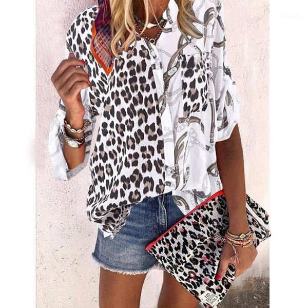

contrast color womens designer leopard print shirts panelled blouses with button fashion stand collar clothing womens casual, White