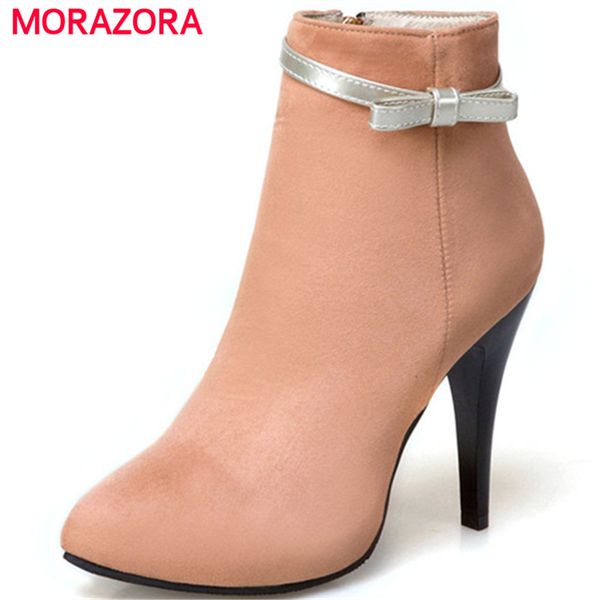 

morazora fashion shoes elegant party thin heels shoes woman ankle boots for women spring autumn flock zip large size 34-45, Black