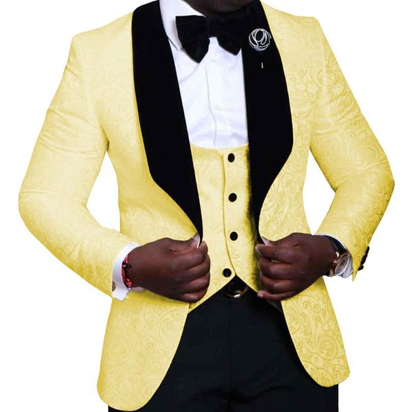 

yellow black shawl lapel wedding suits for mens floral jacquard jacket with pants custom made formal party blazer suit man 2020, White;black