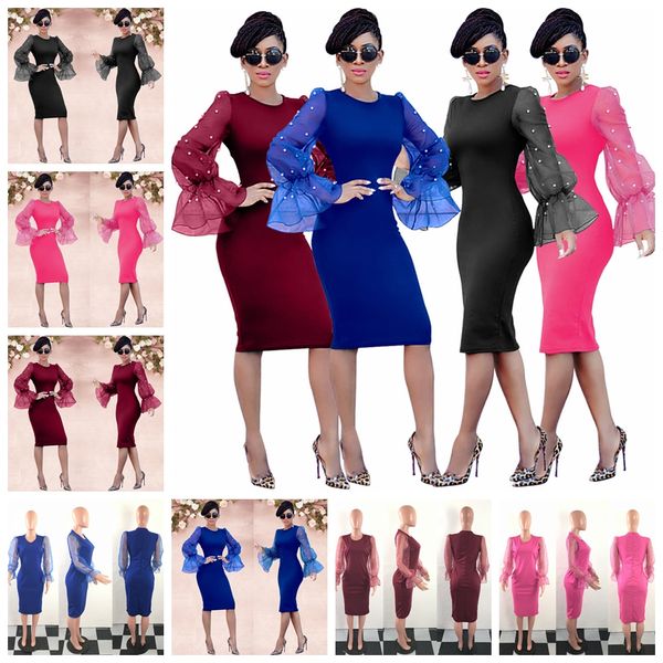 

dresses european spring and summer temperament solid color headband round neck long-sleeved mesh party dress, support mixed batch, White;black