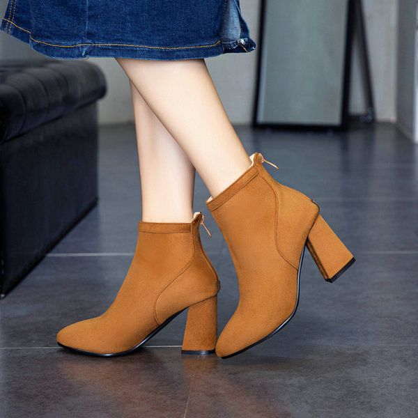 

women's faux suede ankle boots fashion thick high heels pointed toe zipper autumn winter shoes woman size 34-43, Black