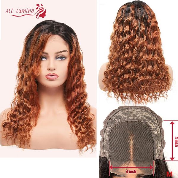 

ombre lace closure wig color remy deep wave wig 180% 1b30 human hair with baby hair bang with brazilian 30 inch, Black;brown