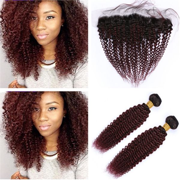 Capelli umani peruviani Ombre vino rosso ricci crespi 2 pacchi e chiusura frontale # 1B / 99J Ombre capelli ricci bordeaux intrecciati con pizzo frontale 13x4