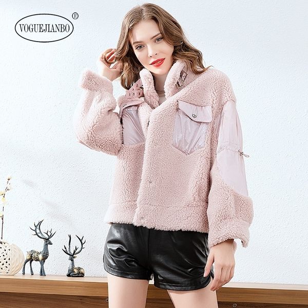 

2020 winter new grain cashmere stitching down jacket fur collar long sleeve loose drawstring was thin short coat female manteau, Black