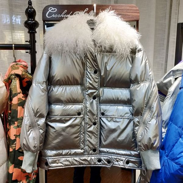 

winter coat women 2019 silver black white duck down jacket real wool fur collar hooded female long warm loose waterproof parkas