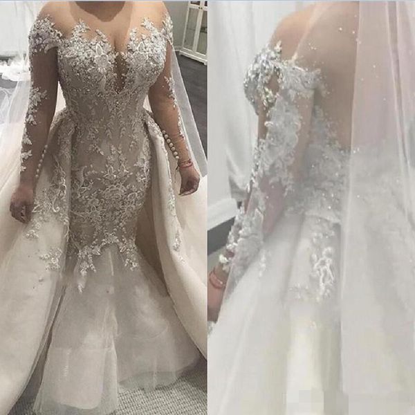 

luxury beaded wedding dresses long sleeves lace applique crystals overskirt sheer neck chapel train wedding bridal gown vestido de novia, White