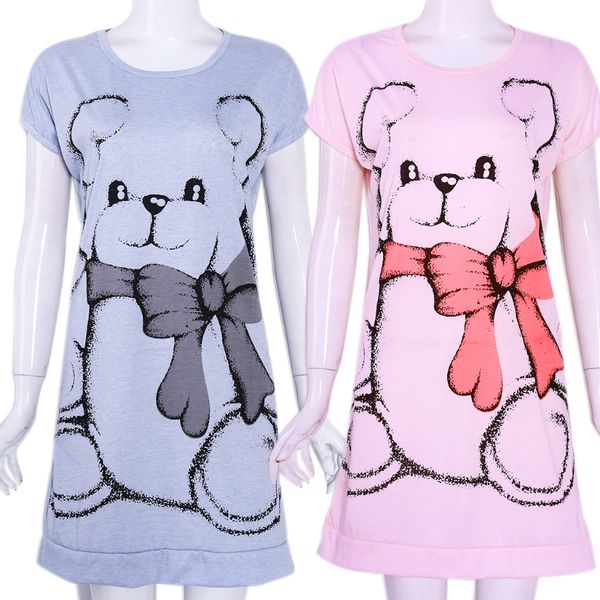 

summer women nightgowns short sleeve dress cute cartoon bear printed sleepwear, Black;red