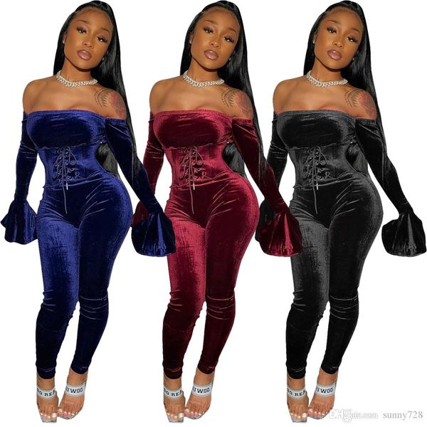 

NewestWinter Velvet Women Skinny Jumpsuit with Wide Belt Lace up Flare Long Sleeves Slash Neck Skinny Jumpsuits Party Rompers