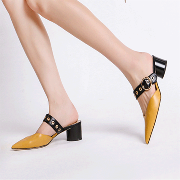 

round buckle belt pointed toe mules slippers women solid round med high heels sandals outwear closed toe slides femmes chaussure, Black