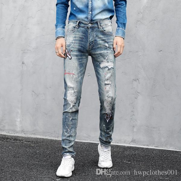 

jeans motorcycle mens slim fit destroyed slim biker jeanscasual skinny holesdenim pants washed mens joggers trousers, Blue