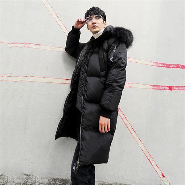 

men white duck down jacket medium long black coat 2019 big fur collar thick warm down outerwear men's large size jacket jia444