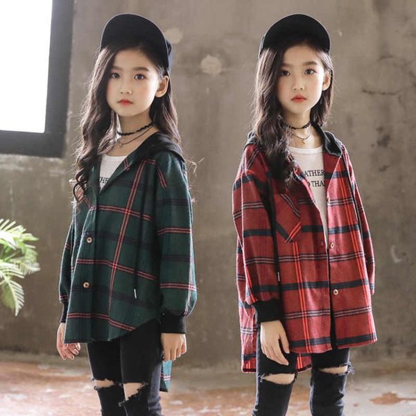 

2019 children blouse girl cotton green/red plaid shirts for teenagers spring autumn fashion hooded cardigan jacket 3-14yrs t200229, White;black
