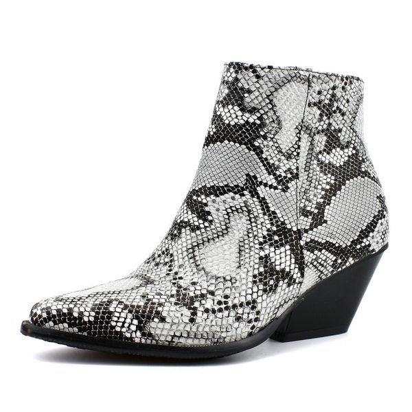 

women ankle boots fashion sanke print wedges high heel western boots autumn winter pointed toe zipper woman shoes 2019 new, Black