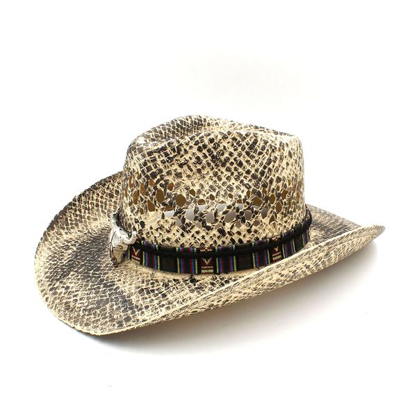 

women men hollow western cowboy hat handmade weave straw lady dad sombrero hombre cowgirl jazz caps bull head band size 56-58cm, Blue;gray