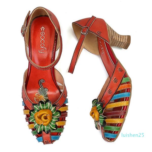 

socofy floral colorful genuine leather splicing winebowl heel fisherman elegant high heels summer sandals l25, Black
