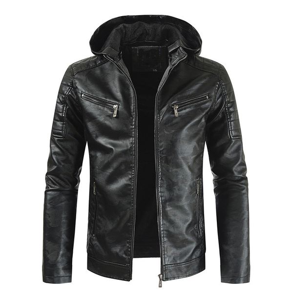 

2019 new style men locomotive leather coat casual fashion solid color hooded leather coat selling youth, Black