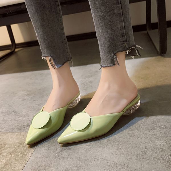 

button low heel mules shoes women clear heel sandals summer candy colors closed toe slippers women transparent sandals, Black