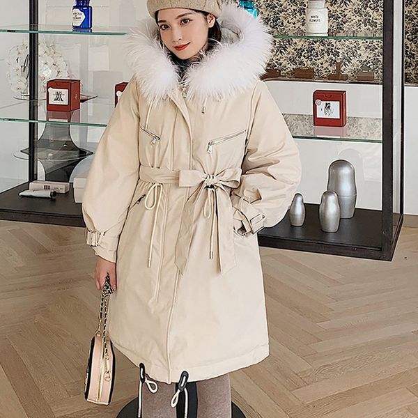 

oversized fur collar streamer women's down jacket winter hooded coat zipper tie buckle warm pikes snow coat, Black