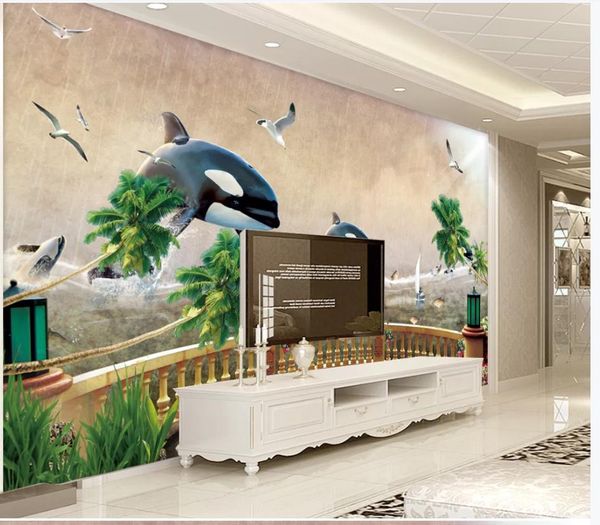 Carta da parati fotografica personalizzata per pareti Sfondi murali 3D Bellissimi delfini balcone scenario oceano paesaggio sfondo decorazione della parete pittura