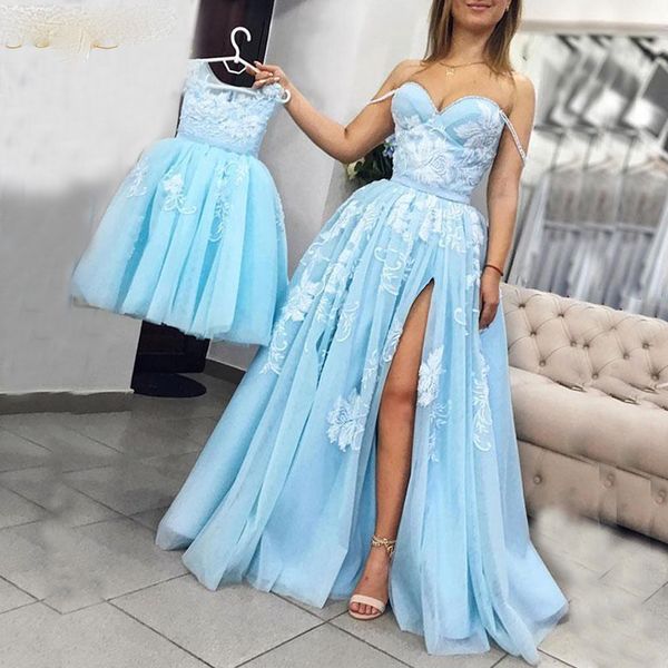 Bebê e mamãe Prom Dresses Azul Vestido de Noite Branca apliques de plissado Entrecruzamento Partido Dres formal Vestido com Racha Vestidos