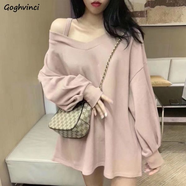 

hoodies womens off shoulder oversize loose solid kpop simple sweatshirt fashionable women korean style streetwear females chic, Black