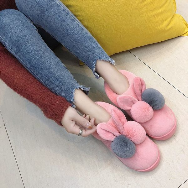 

winter slippers women non-slip warm home shoes cartoon ears flat fur home slippers soft sole warm womens houseshoes c14, Black