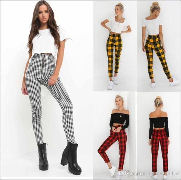 

fashion plaid printing zipper fly high waist slim pencial pants casual women pants designer womens pants, Black;white