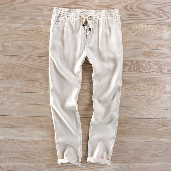 

100% linen pants men loose elastic trousers men brand casual pants mens spring summer trousers mens plus size 30-40 pantalon, Black