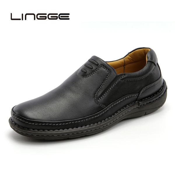 

lingge 2019 genuine leather men casual shoes 100% real leather slip-on men loafers new brand fashion mens moccasins, Black