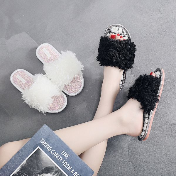 

white/black curly wool indoor slides brief lazy slip on flip flops trendy slingback sandals cozy flat women fur slippers 40 size