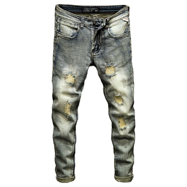 

мужская slim fit отверстие карандаш джинсы брюки 2020 новый дизайн мужская мода эластичные старинные узкие джинсовые брюки, Blue