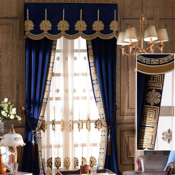 

european class villa embroidery blue blackout flat curtains for living room/bedroom with luxury tulle curtain for star l